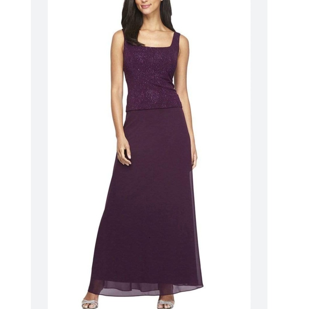 Alex Evenings Women Eggplant Purple Glitter Chiffon‎ Gown Dress
